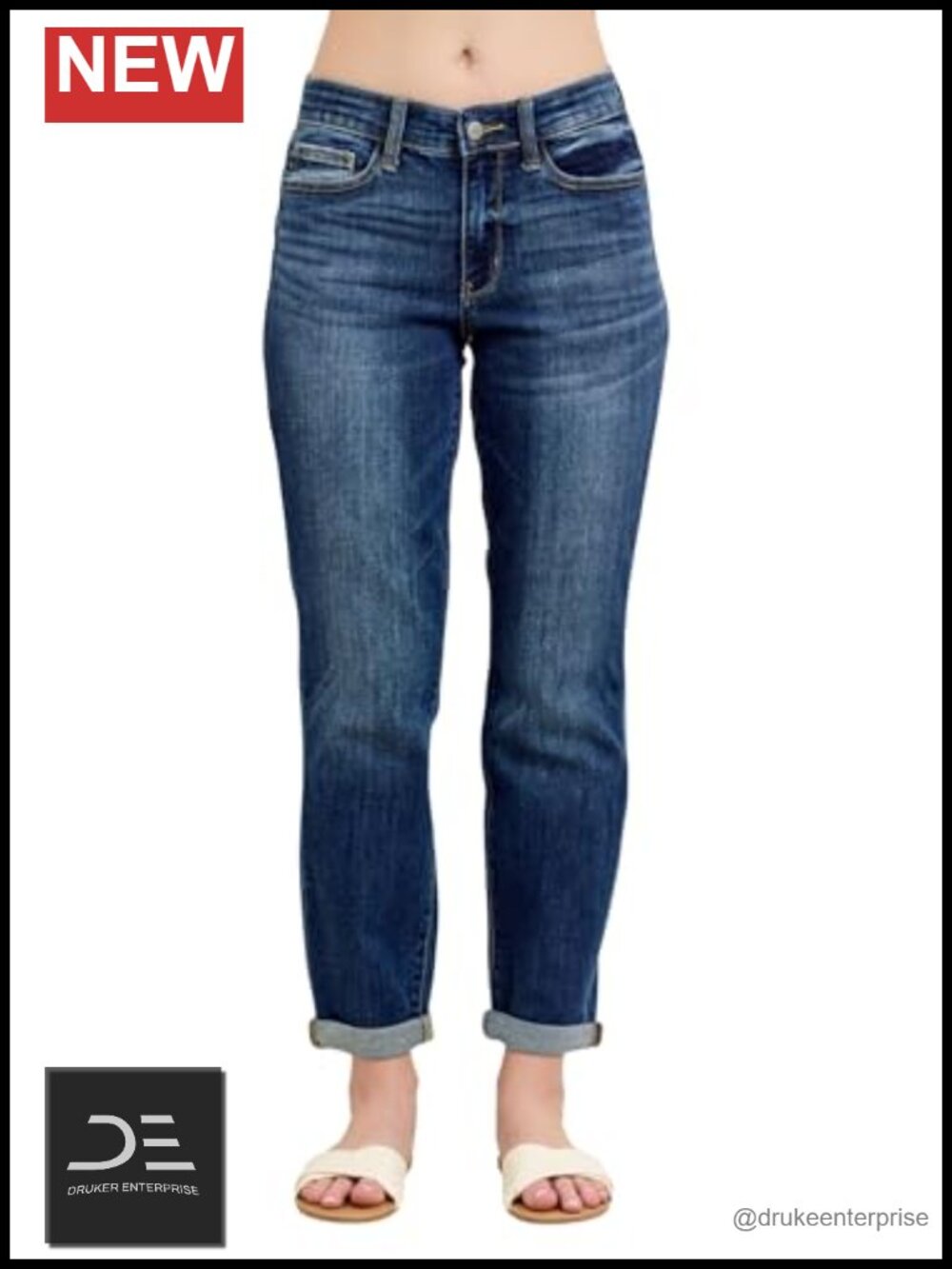 Mid Rise Cuffed Boyfriend Jeans Relaxed Fit Stretch Denim